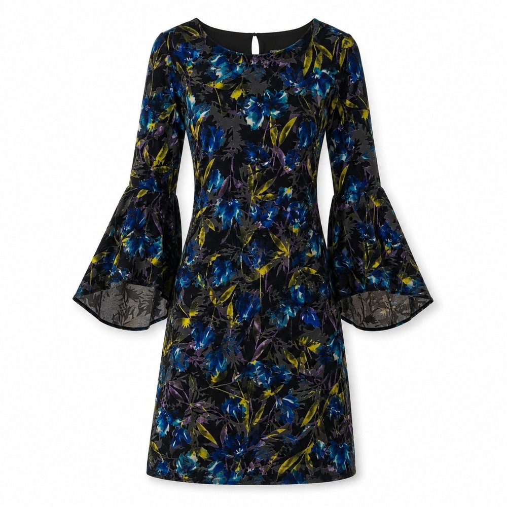 New The Limited Bell Sleeve Dress Women Velvet Burnout Med Black Floral Retro
